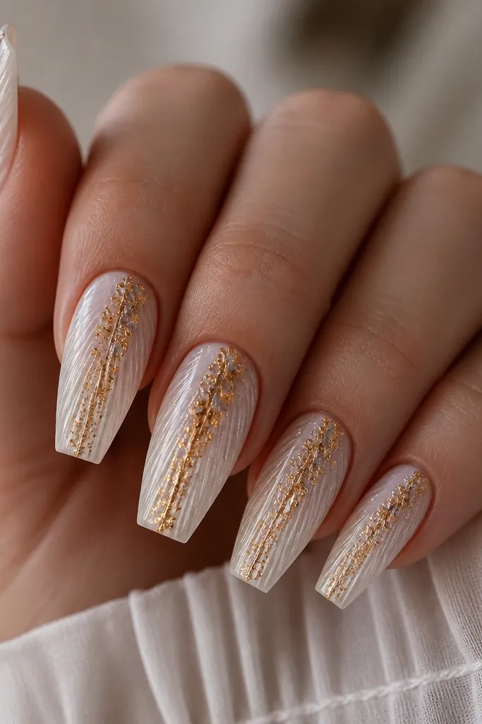 Long coffin nails in milky white. Shell ridges are thin and evenly spaced. A narrow gold foil stripe runs vertically through the center of the nail, with some foil bits at the sides. The stripe is about one-third of the nail width.