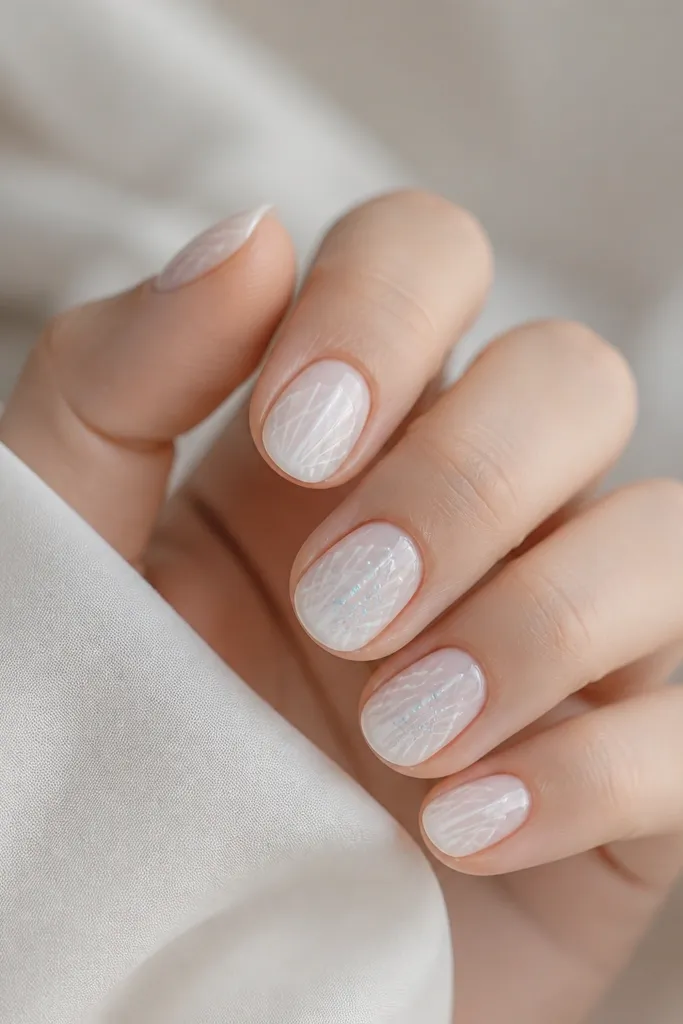 Short round nails in sheer milky white. Shell ridges are painted in thin white lines. On the ring finger and middle finger, there are tiny blue crystallized specks scattered lightly across the center, like frost on a shell. Everything is glossy and smooth.
