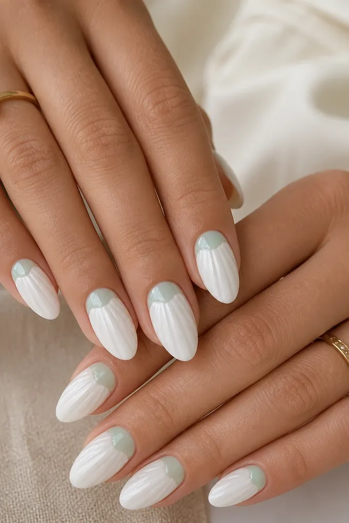 Almond nails in milky white. At the cuticle on every nail, there's a half-moon of seafoam gel. Shell ridges start from the edge of the half-moon and curve down. The rest of the nail is plain milky white with no extra glitter.