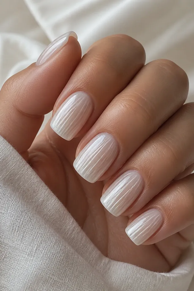 Medium square nails in milky white. Shell ridges are drawn as thin vertical stripes that taper slightly toward the tip. There's no other color except a faint pearly sheen. The nails look smooth and glossy.