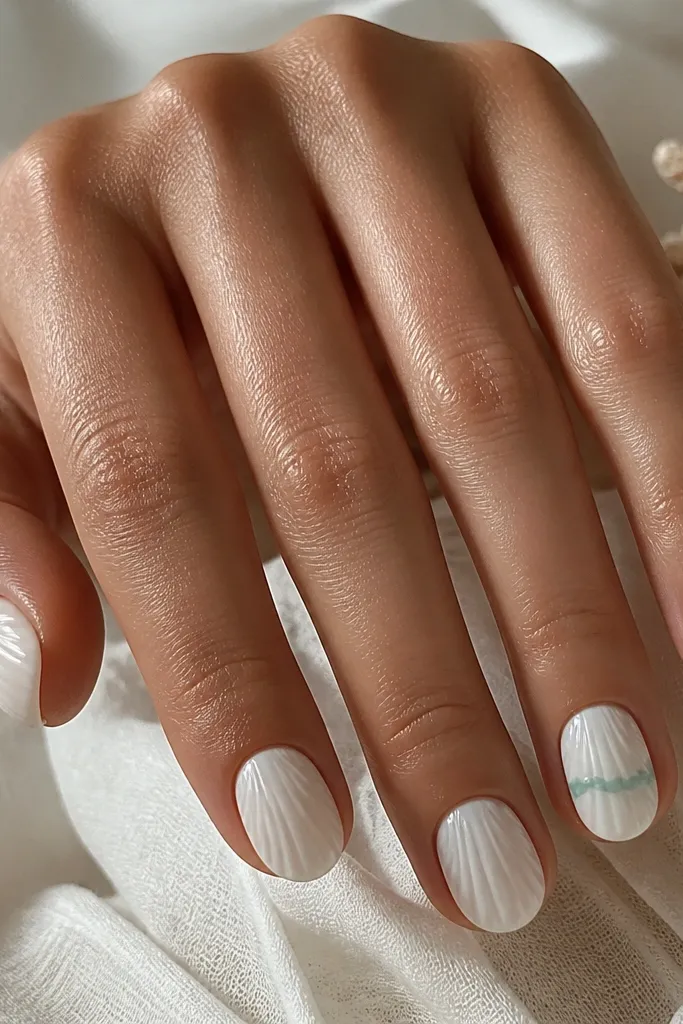 Short oval nails all in milky white with thin shell ridges. On the ring finger, there's one clear wave line in seafoam that curves horizontally across the middle. The rest of the nails stay plain with only ridges.