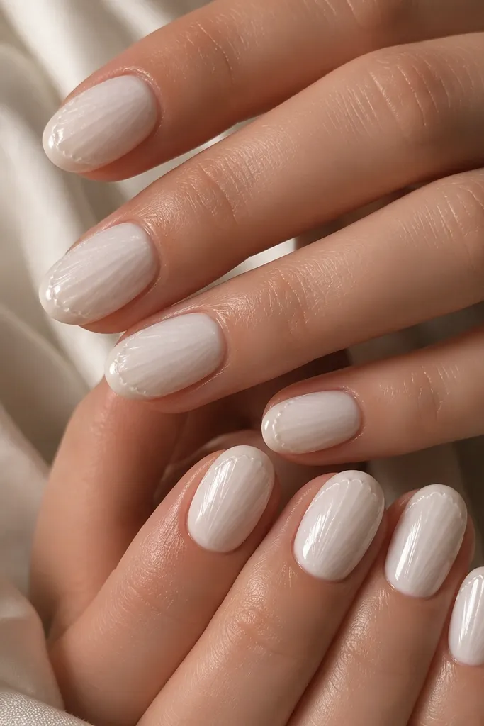 Short-to-medium oval nails in opaque white with a matte powdery shell center on each nail. The edges are glossy and slightly raised like a thin shell border, with a faint scalloped outline. Each nail has a soft, fan-shaped matte center that fades toward the glossy rim, and the cuticles are clean and crisp with a satin finish.