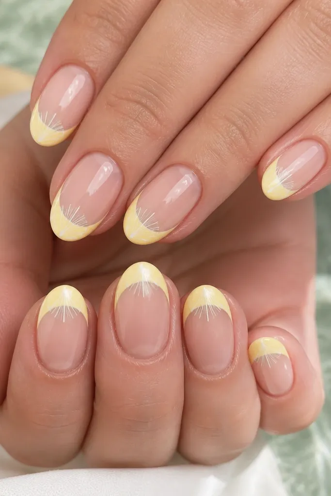 Close-up of short almond nails. The tips are painted butter yellow with a smooth edge. Each accent tip has thin white and pale mint shell rib lines radiating from the center. The nails are glossy and bright, with no extra gems.