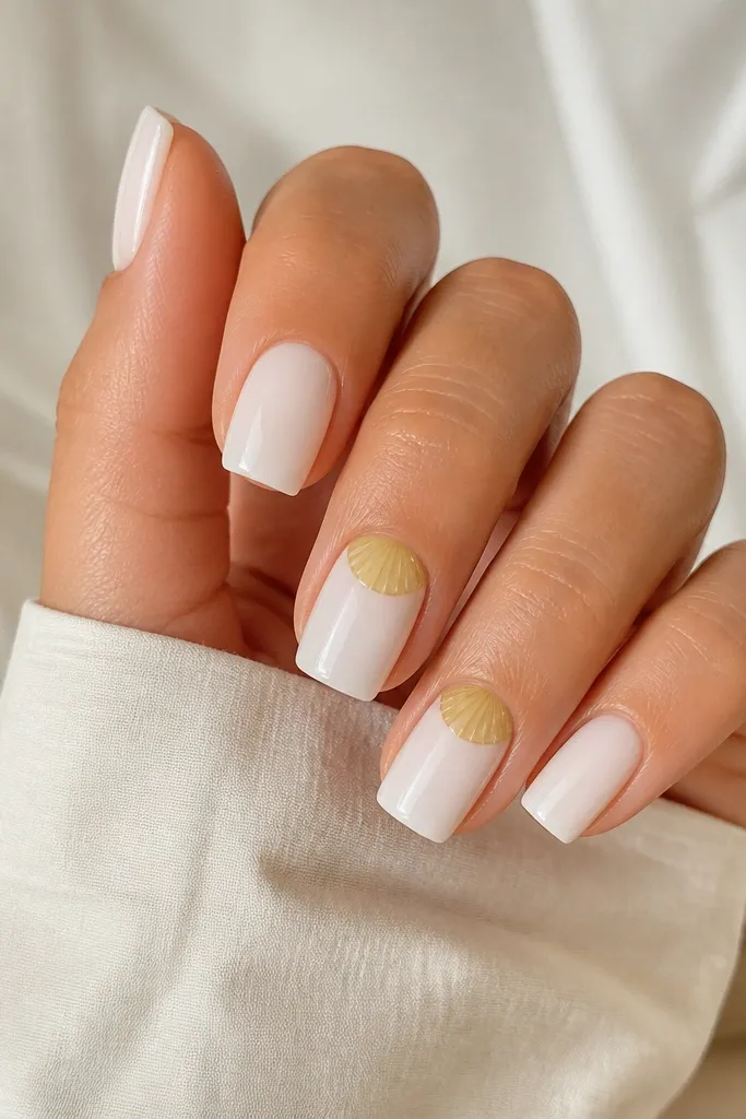 Medium-length square nails with a milky white base. On two accent nails, the lower half of the nail has a transparent yellow half-moon shape at the cuticle, with subtle shell rib lines inside it. Everything is glossy, with no glitter.