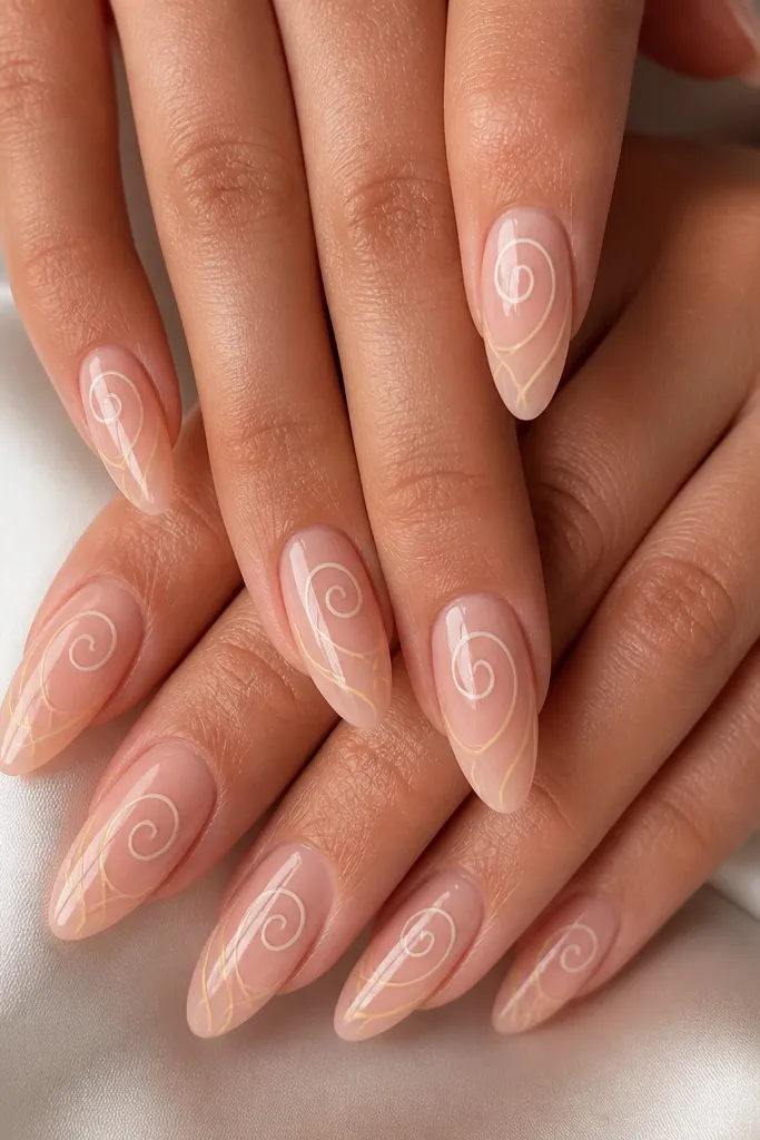 Almond nails on a nude base. Each nail has a single continuous thin line swirl in pale yellow and white, shaped like a shell spiral. The lines are delicate and there are no gems. High gloss finish.