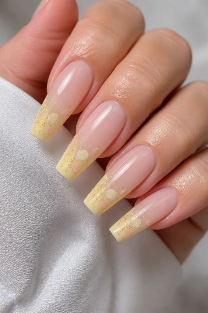 Long coffin nails with sheer pink base and butter yellow tips. Over the tips are tiny shell-shaped dots and short rib marks like confetti. There is fine pale gold micro glitter dust concentrated near the tip edges.