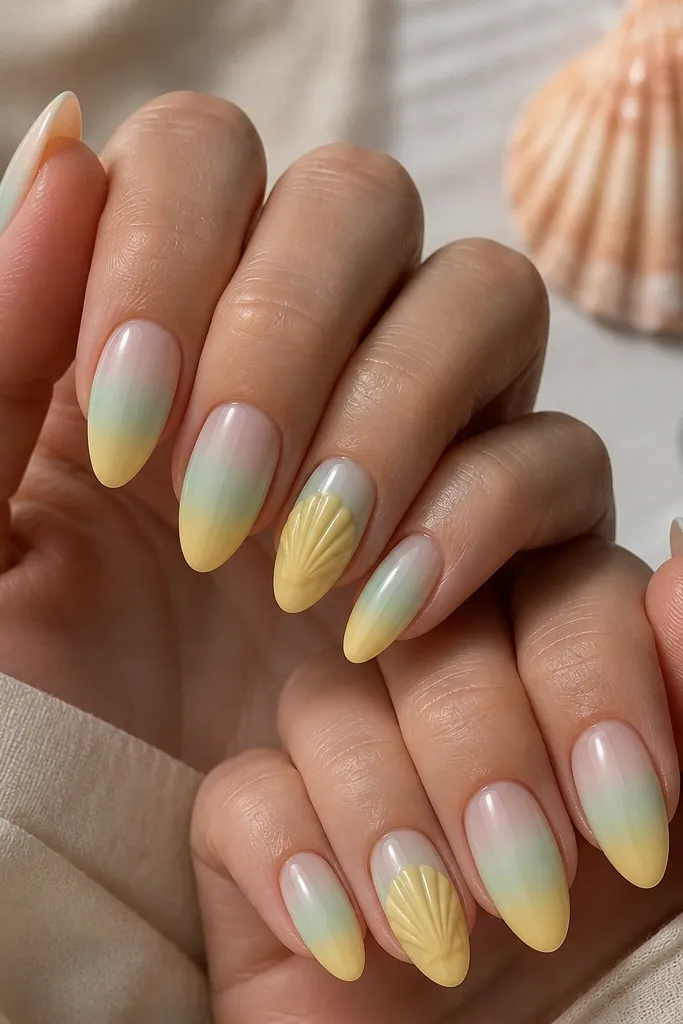 Medium almond nails with a sea-glass ombre that fades from sheer nude at the cuticle into pale mint and then soft yellow near the tips. Two accent nails have a clearer yellow shell rib pattern in the middle. Glossy finish.