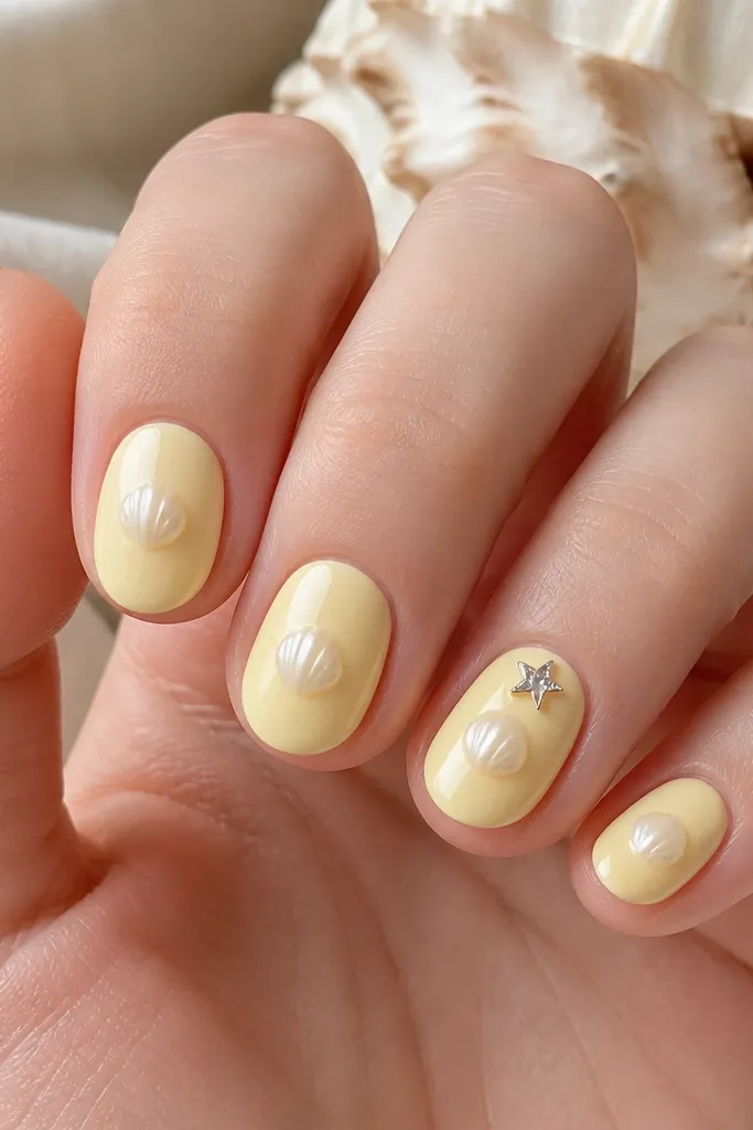 Short oval nails with a creamy butter yellow base. On each nail there's a pearl-like raised dot in the center shaped like a tiny shell mound, and one accent nail has a small rhinestone star near the cuticle. Glossy and bright.