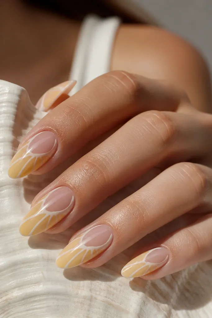 Almond nails with nude base and clear negative space at the center. Yellow shell rib arcs frame the negative space like a web from the cuticle area. The nails have a glossy finish and no glitter.