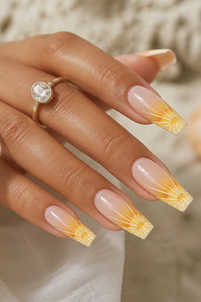 Coffin nails with sheer nude base. The tips have a sunburst pattern: butter yellow center with thin orange-lemon rays radiating outward, plus a few white shell ribs. Glossy and bright.