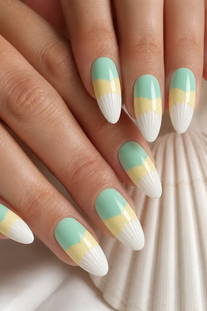 Long almond nails with three horizontal color tiers. The top tier is pale sea-foam, middle tier is butter yellow, and the bottom tier near the tip is milky white with shell rib lines. Each nail is glossy with tiny white ridges.