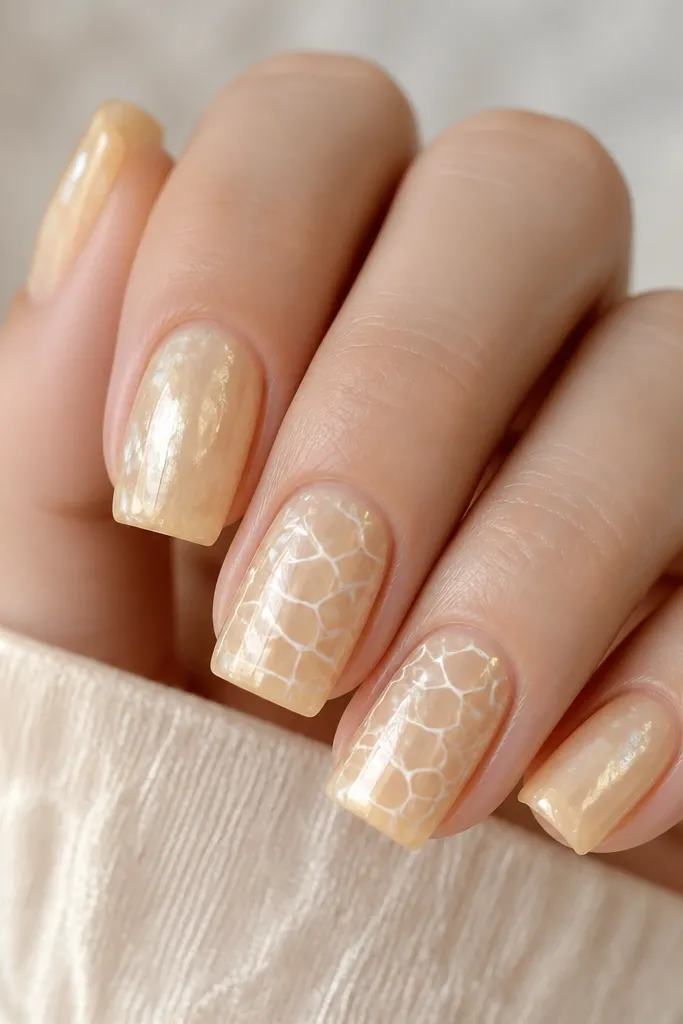Square nails with a translucent pearlescent yellow jelly layer. Over two accent nails there is a cracked shell pattern drawn in milky white lines, like a spiderweb but shell-shaped. The nails shine under light.