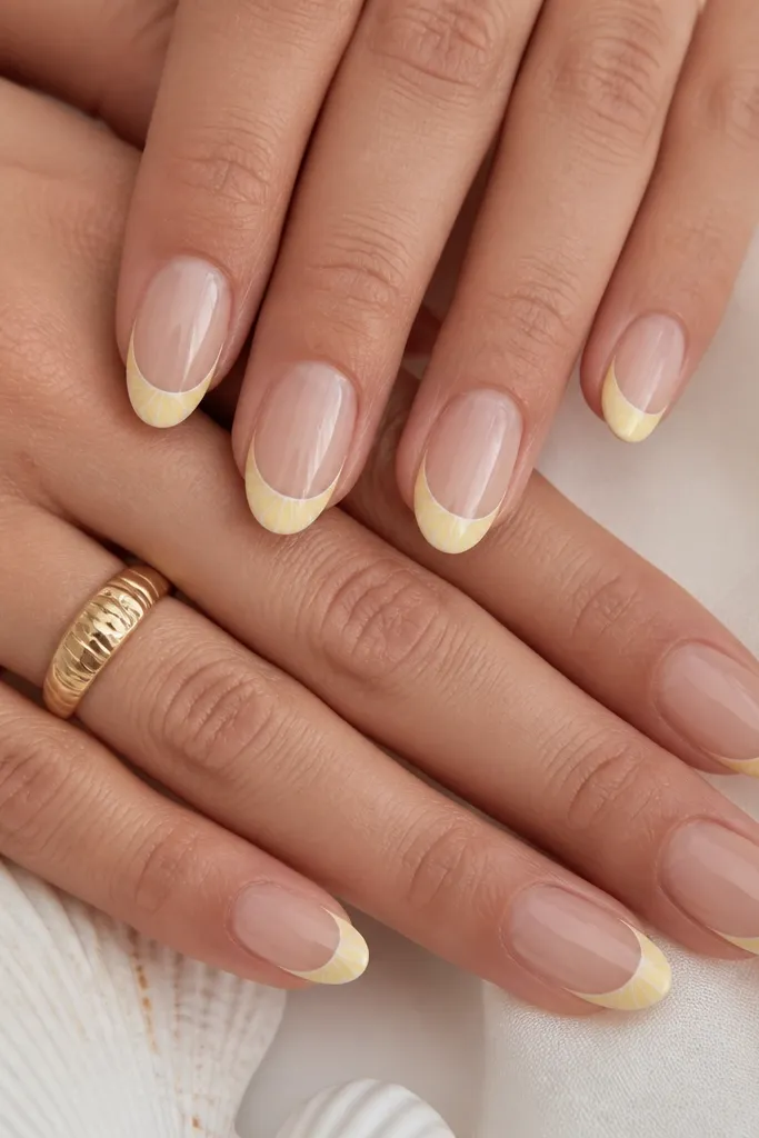 Medium oval nails. The French tips are butter yellow with a crisp smile line. Around the yellow tips there's a thin white shell outline that curves along the tip edge, plus a few short rib marks near the corners. Glossy.