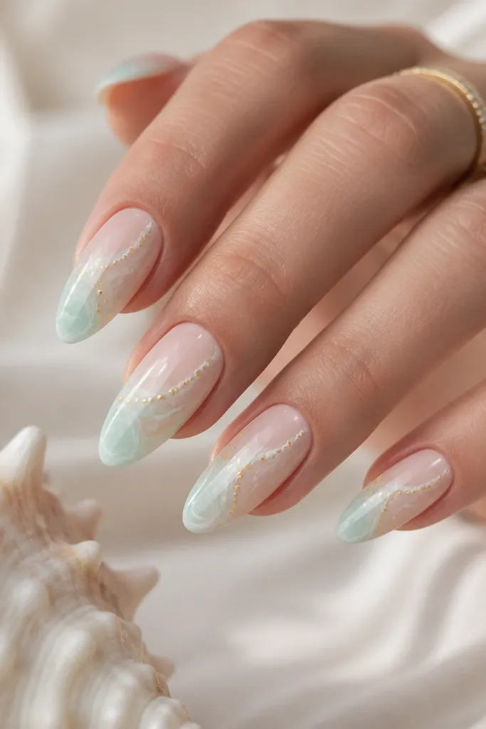 Almond nails with sea-foam marble in pale mint, white, and sheer nude. On each nail near the center are small yellow dot clusters arranged like tiny shell ridges. High gloss finish.