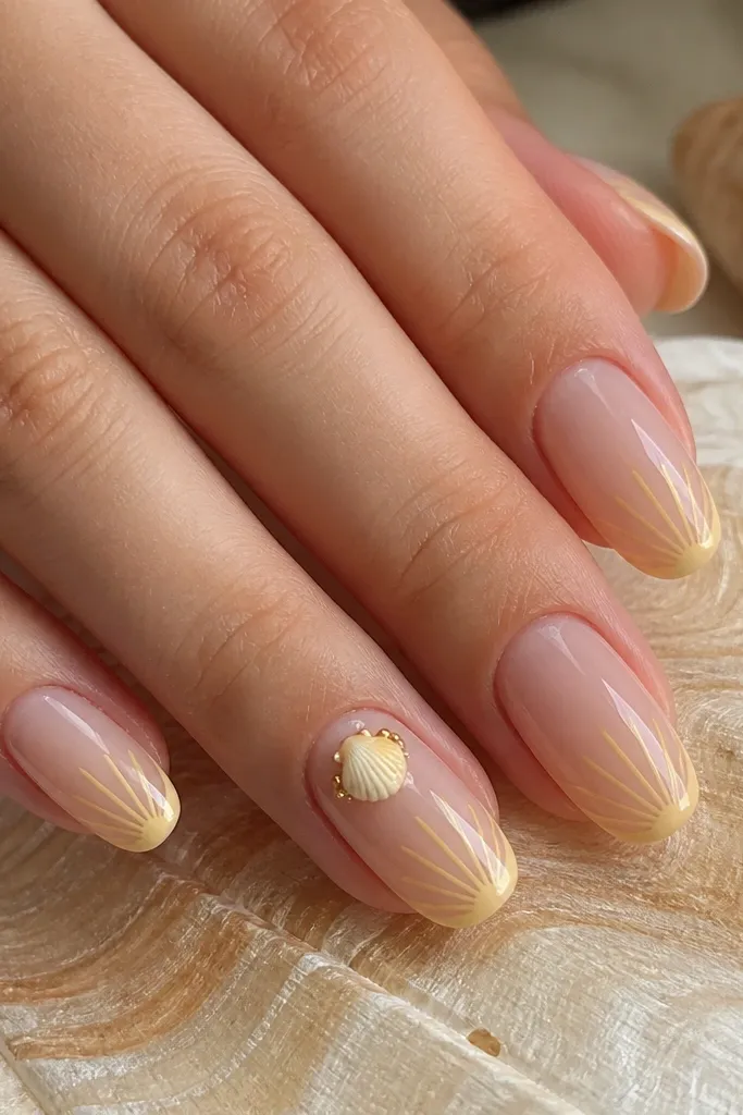 Long squoval nails with sheer pink base and soft butter yellow accents. Only the ring finger has a small 3D seashell charm placed near the center cuticle area, surrounded by a few thin shell ribs. The rest nails have simple yellow shell lines.