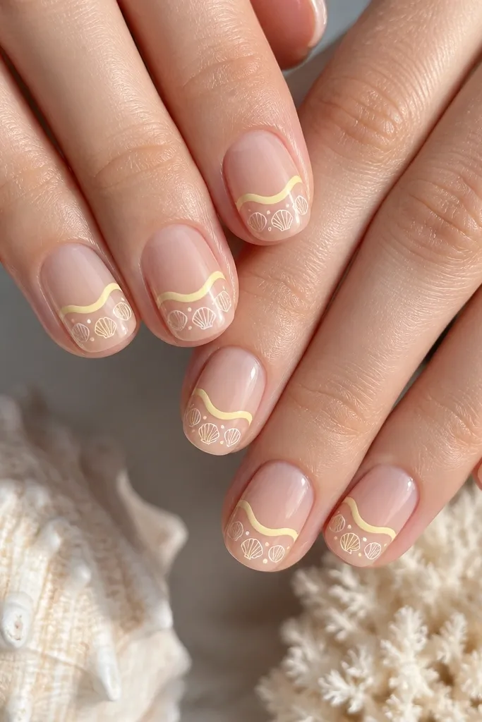 Short oval nails with a sheer nude base and a horizontal "waterline" curve at the middle in butter yellow. On the tip area are tiny outlined seashell doodles in white and pale yellow. Glossy, clean, and airy.