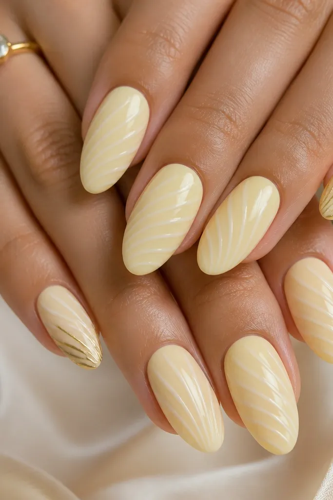 Almond nails with a lemon cream base. Across the center are shell ridges drawn in pale white and slightly darker cream. On two nails there is a thin gold line flick at the outer tip edge like a sun ray. Glossy finish.