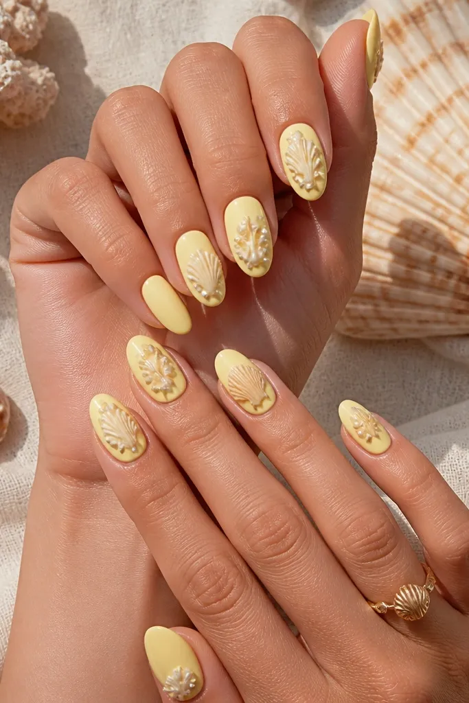 15 Yellow Seashell Nails With Summer Charm
